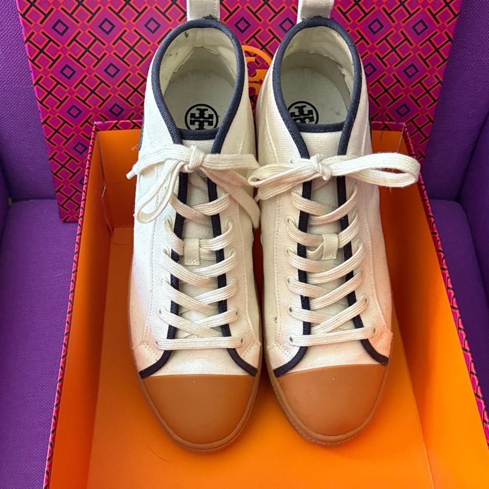 Tory Burch White and Tan High-Top Sneakers